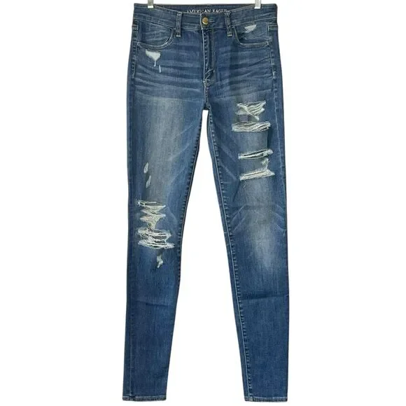 American Eagle Hi-Rise Jegging Distressed Ripped Super Stretch X Size 8 X-Long - Picture 2 of 10